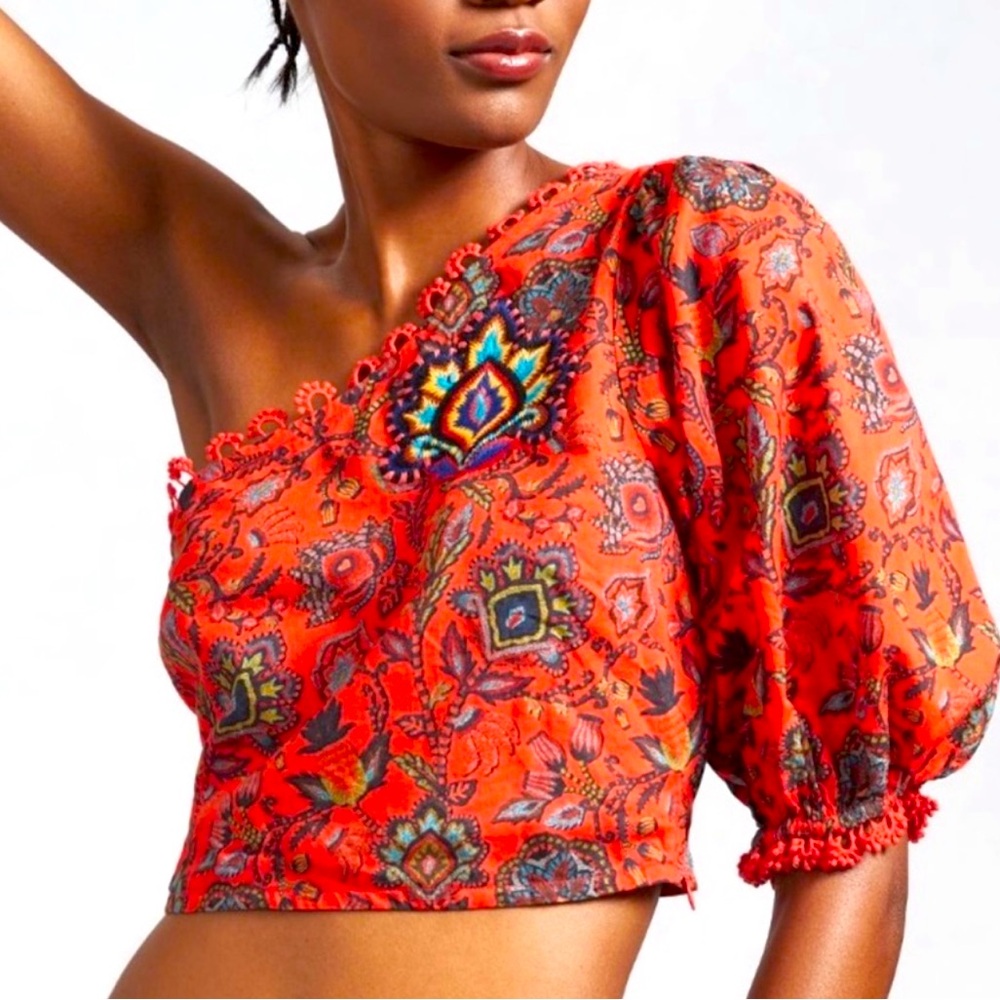 FARM Rio Boho Patchwork One Shoulder Vibrant Paisley One-Shoulder Top NWT XL